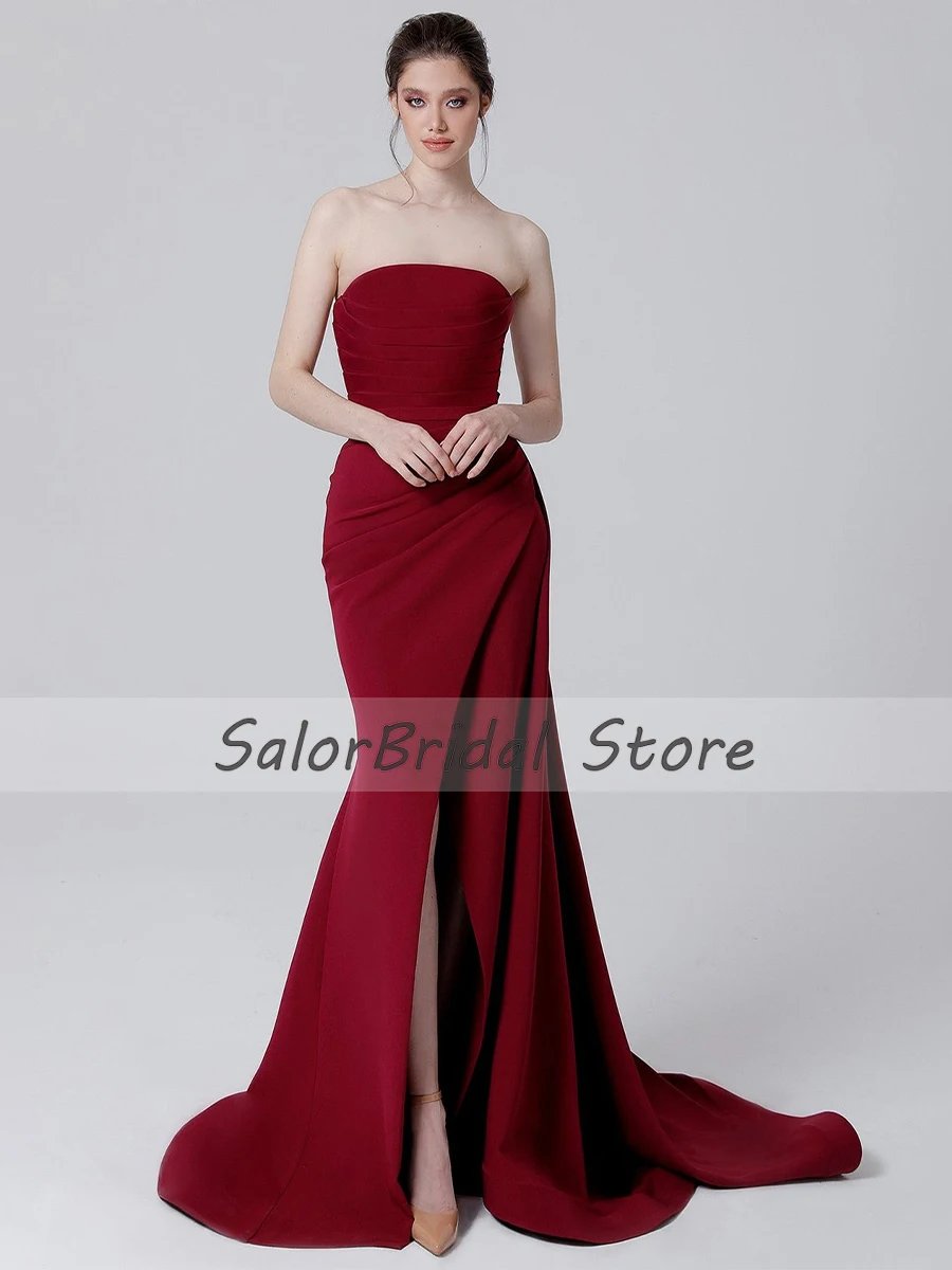 Mermaid Evening Dresses for Women Burgundy Strapless Slit Elegant Evening Party Gowns Long Sleeveless Draped Simple Prom Dress