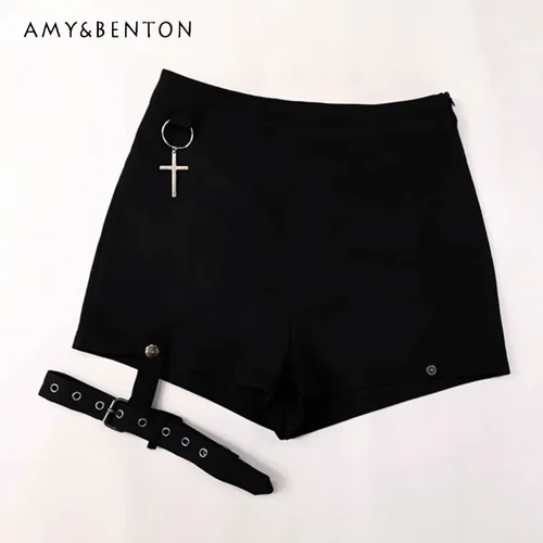 American Retro Dark Punk Women Shorts Summer New Detachable Leg Ring Cross Pendant High Waist Sexy Pantalones Cortos De Mujer