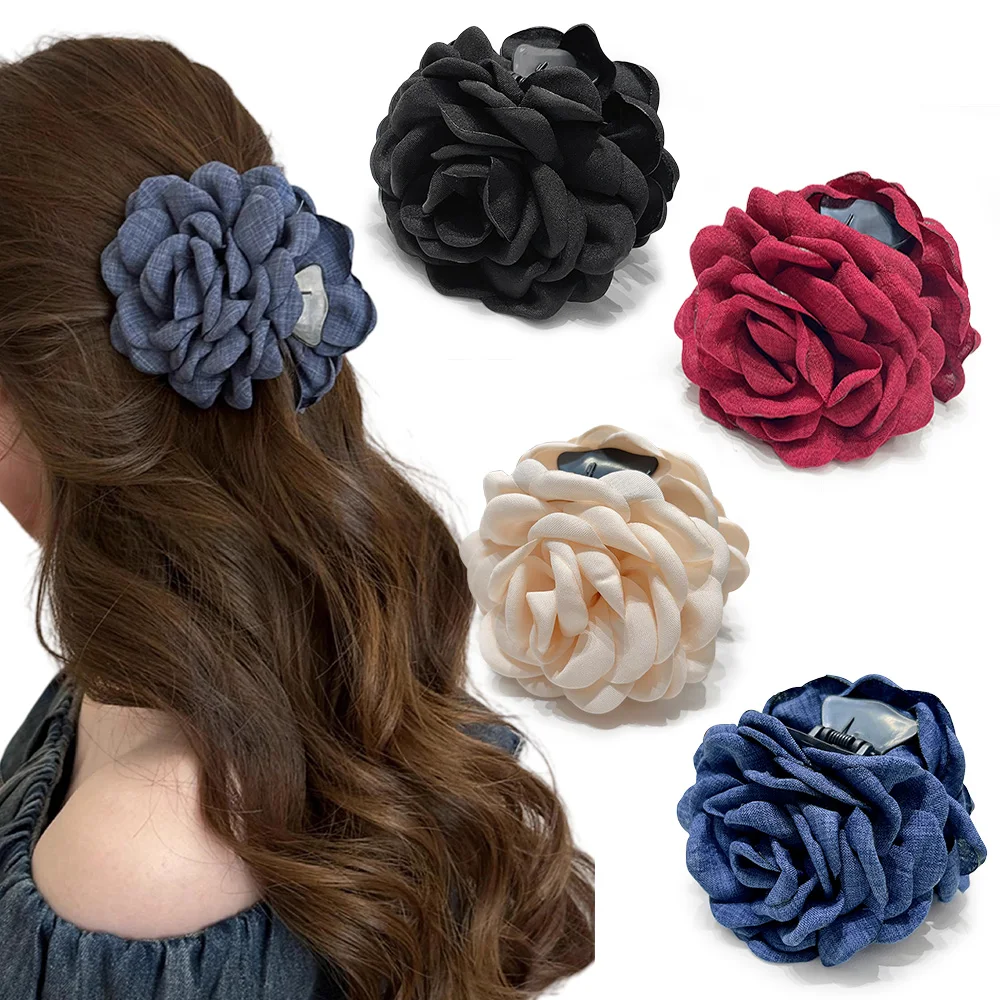 Vibrant Cotton Rose Flower Hair Claw Clips - Medium Size Shark Clamp