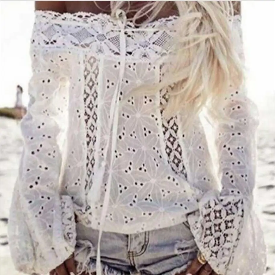 Off Shoulder Flare Sleeves Lace Top Tassel Lace Splice Top