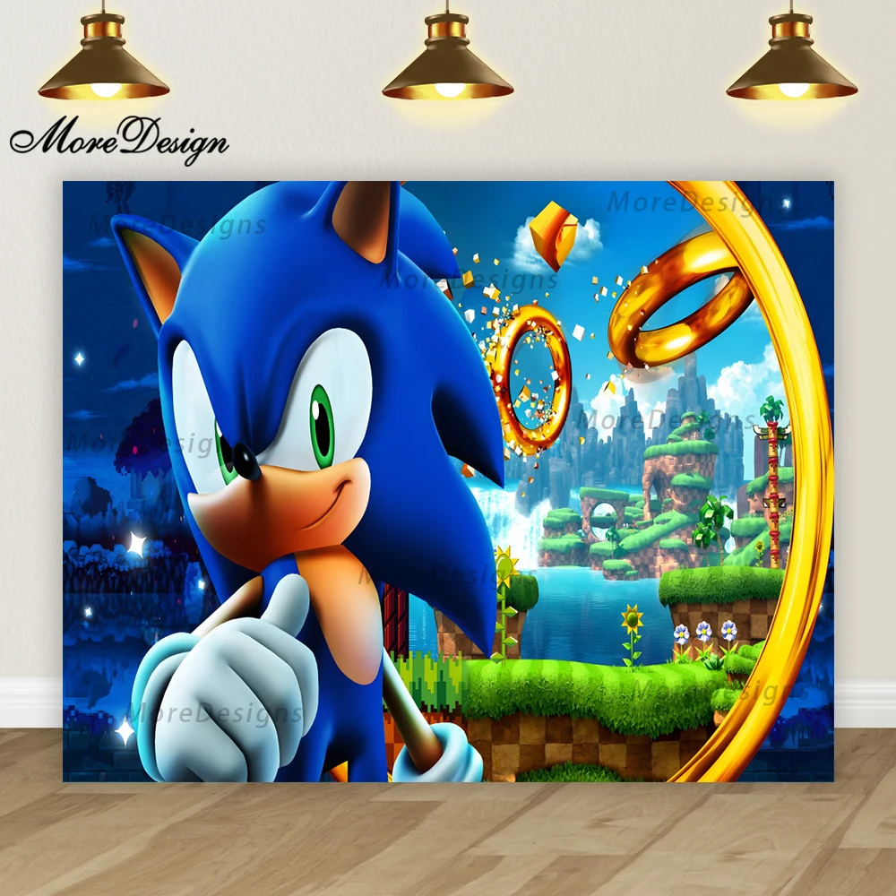 Fondo de fotografía con iluminación de Sonic Hedgehog, pancarta de cumpleaños para niños, decoración para fiesta de baby shower, fondo de vinilo de poliéster con dibujos animados