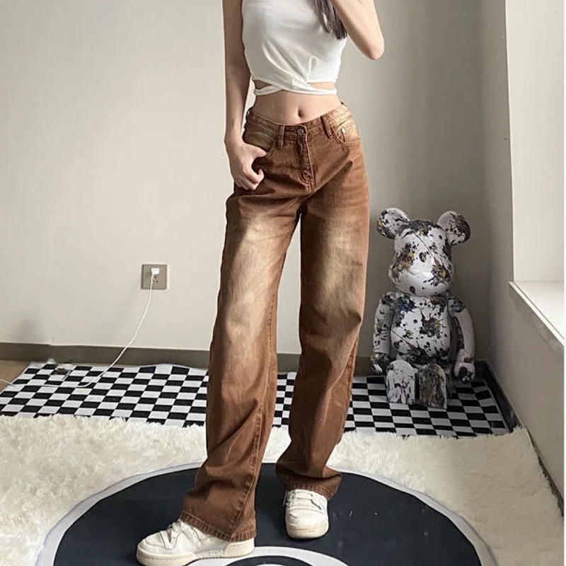 Retro Brown Straight-leg Jeans Women's Autumn Loose Korean Version of The Thin Casual Gradient Color Wide-leg Mopping Trousers casual pants general fashion korean version of trousers winter brown children