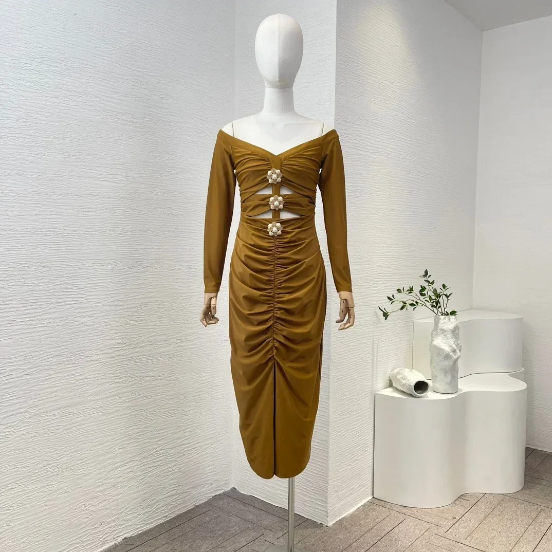 

Spring 2024 Camel Sexy Elegant Long Sleeve Plear Ruched Off The Shoulder Three-dimensional Decoration Hollow Out Midi Dress