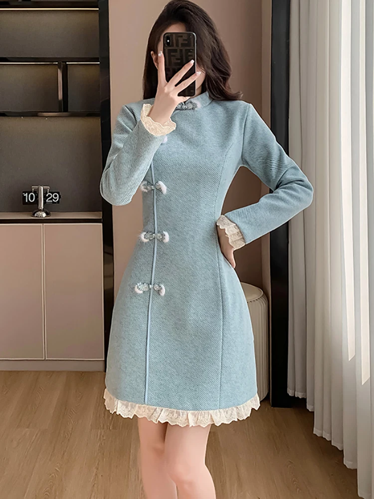 Autumn Winter Blue Corduroy Plus Cotton Warm Mini Dress Women