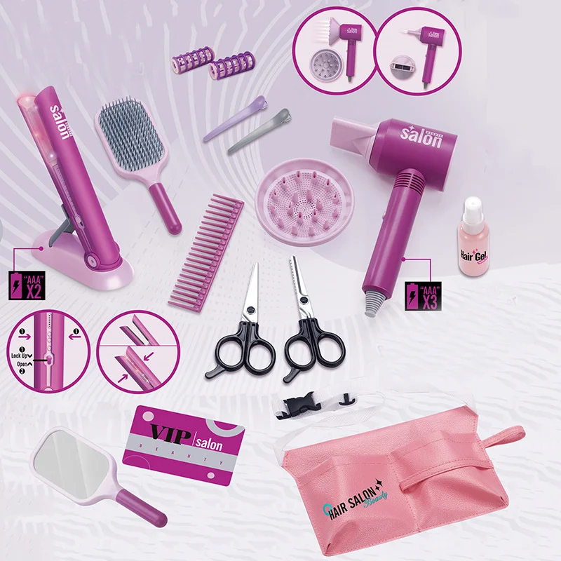 Makeup Toy Girls Beauty Salon Set Electric Hair Dryer Scissors Combs