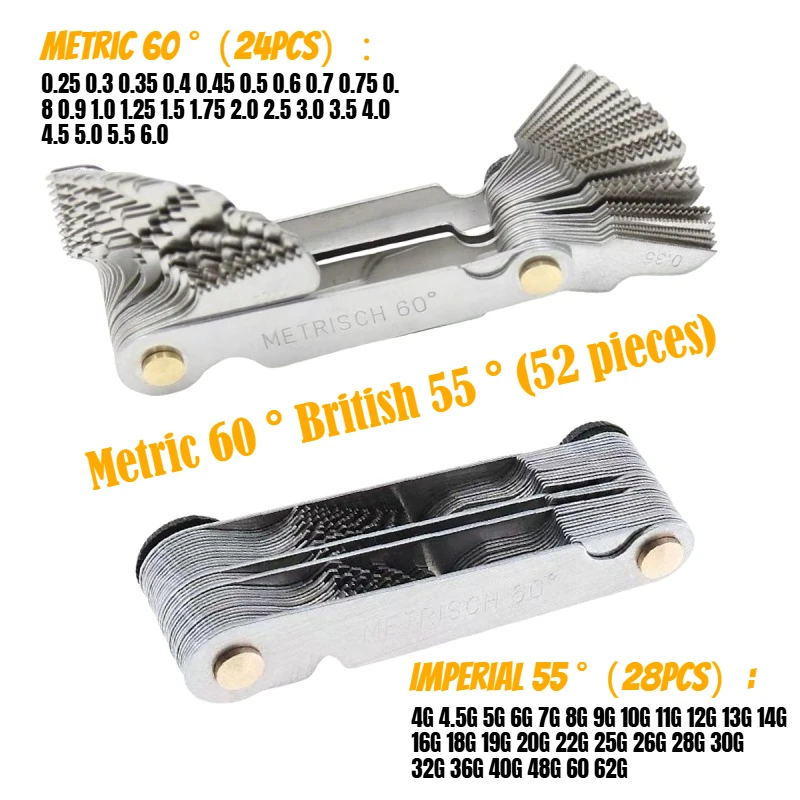 Stainless Steel Pitch Scale High Precision Measuring Tool Metric 60 and Imperial 55degree Thread Gauge Samples One Pcs 52 Blades