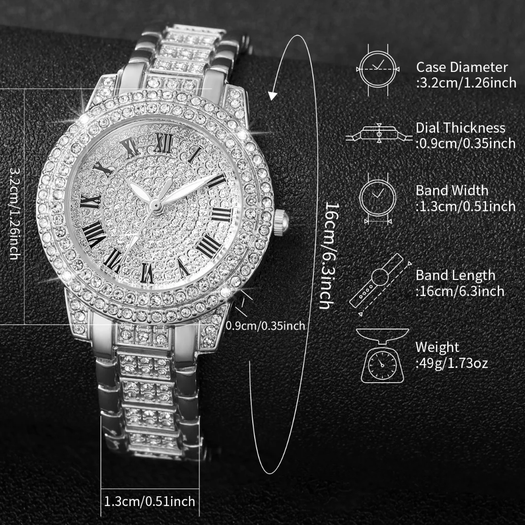 3pcs/set Women Luxury Stainless Steel Diamond Band Quartz Watch Set