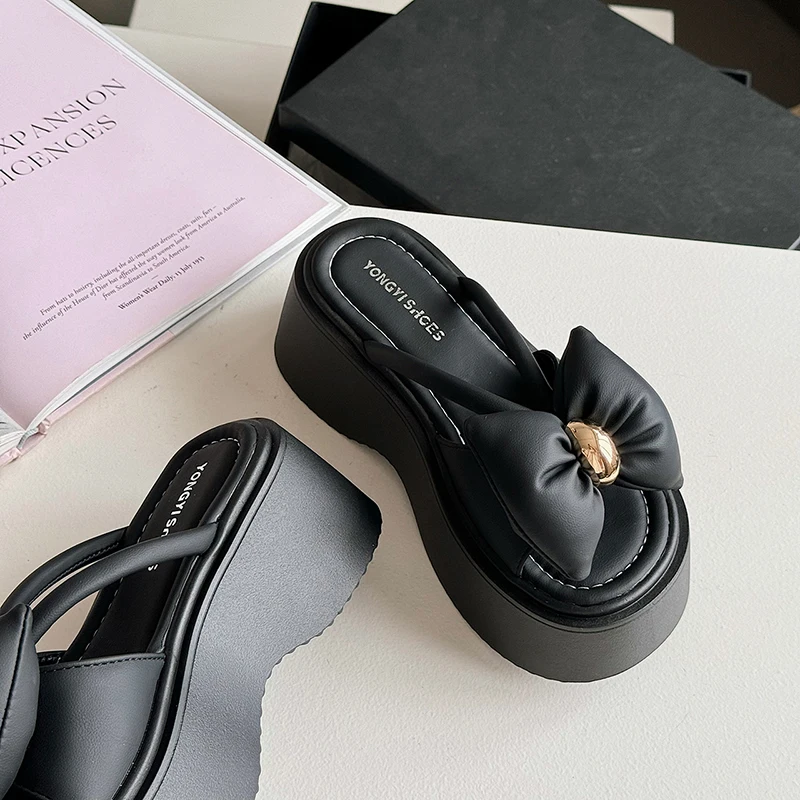 New Women's Summer Cute Pink Slippers Thick Sole Shoes Casual Platform Beach Flip Flops Leisure Bow Tie Sandals Sneakers Woman