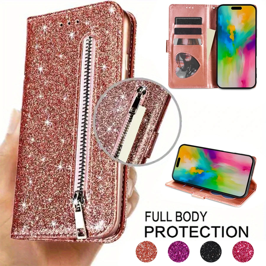 Glitter Zipper Magnetic Flip Leather Wallet Case with Card Slot and Hand Strap