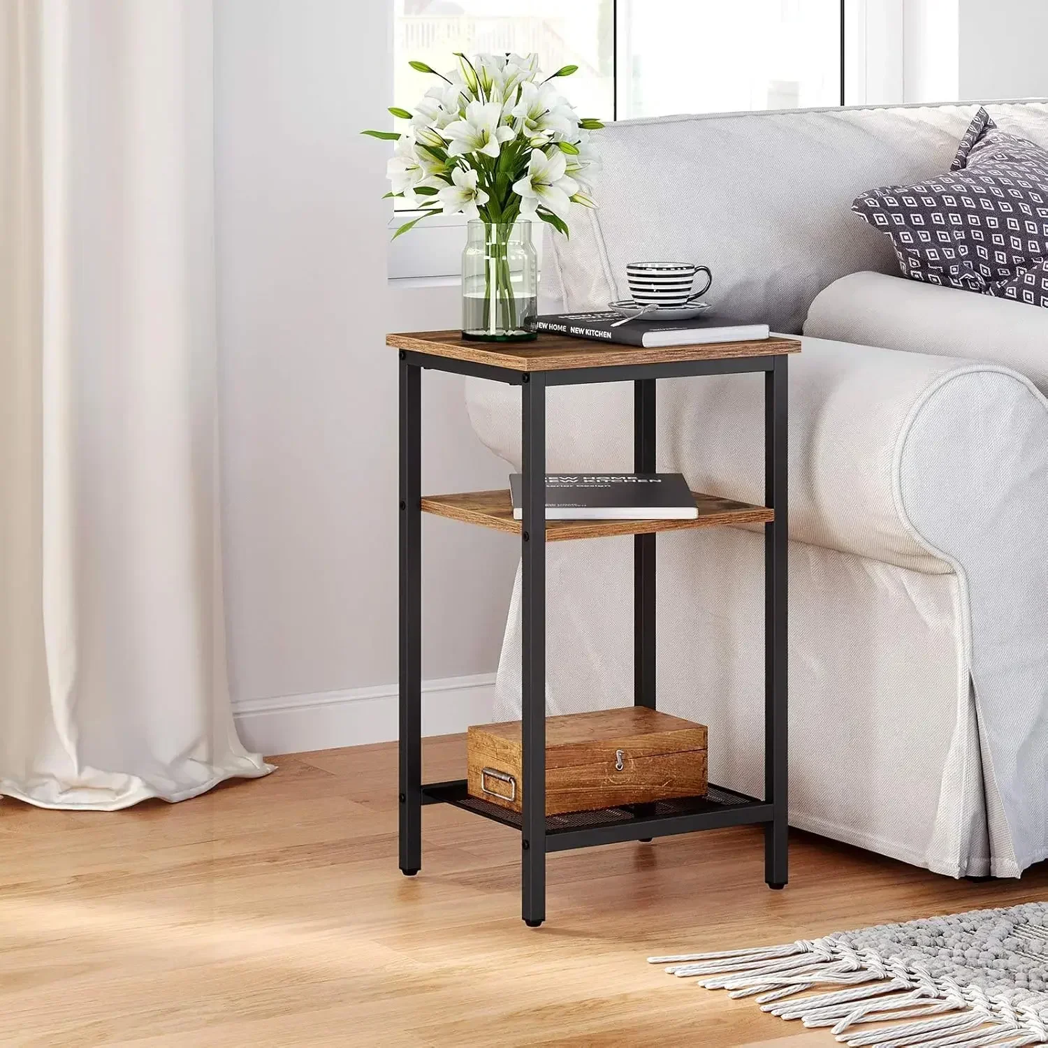 New2025-End Table Set of 2, 3-Tier Nightstands, Side Table for Small Space in Living Room, Bedroom, Steel Frame, Easy Assembly