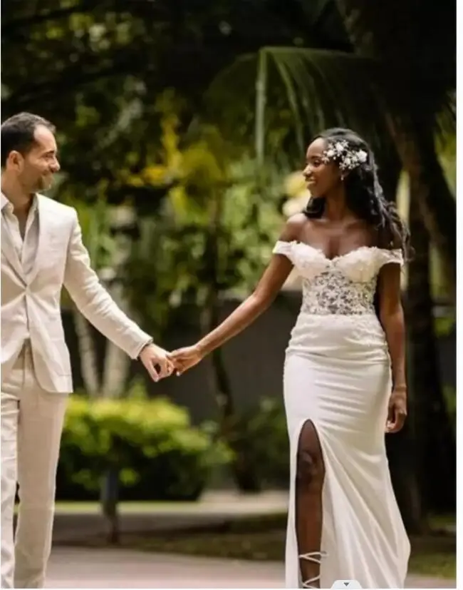 

Slim Off the Shoulder Lace Appliques Mermaid Wedding Dresses Vestido de Novia Sweep Train Side Split Beach Bridal Gowns