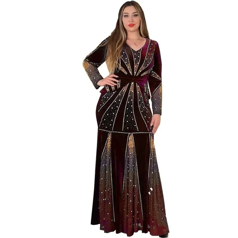 

velvet African Dresses For Women Dashiki Mesh Ruffle Sleeve Robe Africa Clothes Super Elastic Diamonds Party Maxi Dress