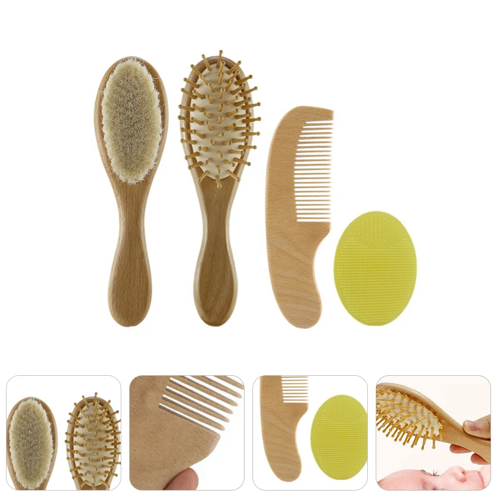 

4 Pcs Safe Wooden Bath Supplies for Kids Comb And Hairbrush Set (Khaki)