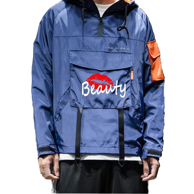 2023 New men's pullover windproof jacket Casual men's sports hooded jacket High collar printed jacket Men's sports jacket