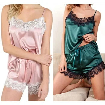 Set pigiama sexy alla moda in pizzo di seta imitazione da donna, comodo pigiama senza maniche con bretelle, pantaloncini da notte 1