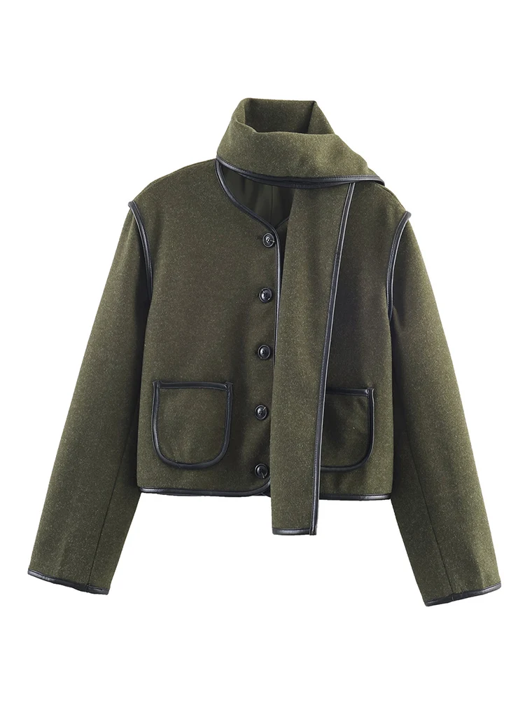 Fashion Scarf Collar Woolen Jacket For Women Elegant Long Sleeve Single Breasted Short Coats  Autumn Chic Warm Outerwear