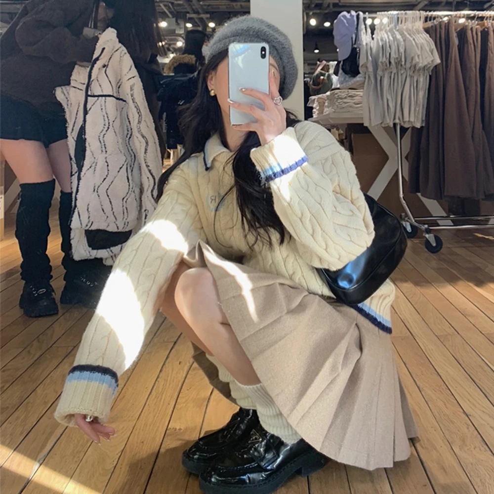 

Женский трикотажный свитер из двух частей в японском стиле ретро преппи мягкое плотное пальто 2022 Новый контрастный пуловер свитер