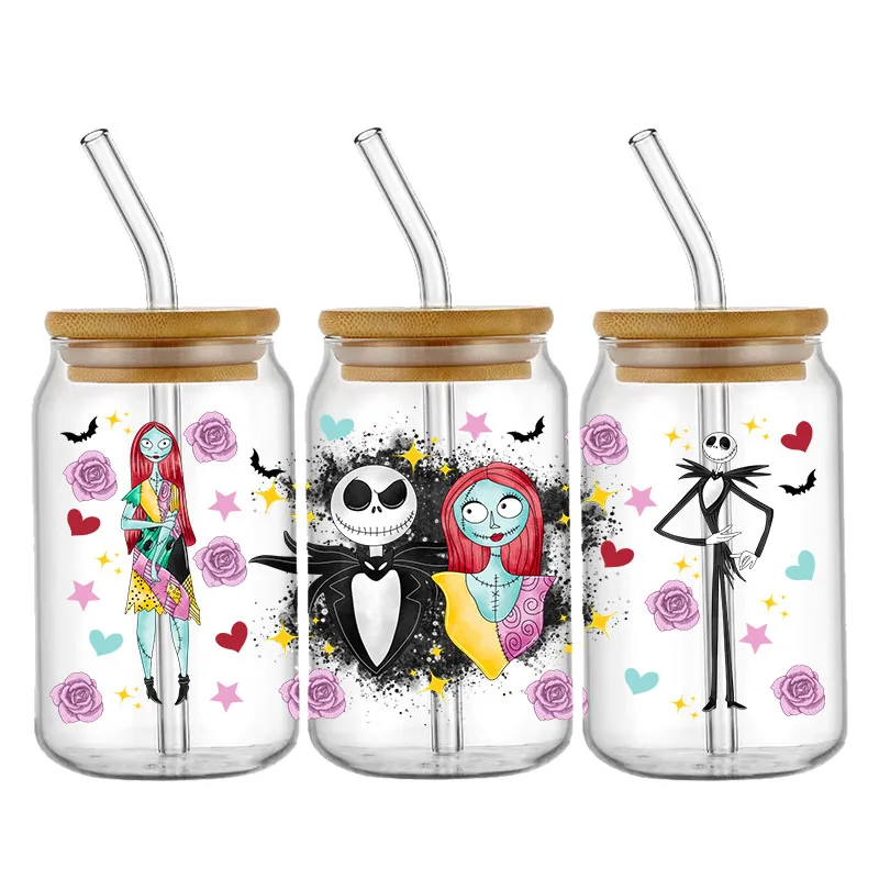 UV DTF 컵 랩 전사 스티커, 유리, 잭, 샐리 마찰에 대한 전사 데칼, 16OZ 유리 컵, 가구 목재 공예