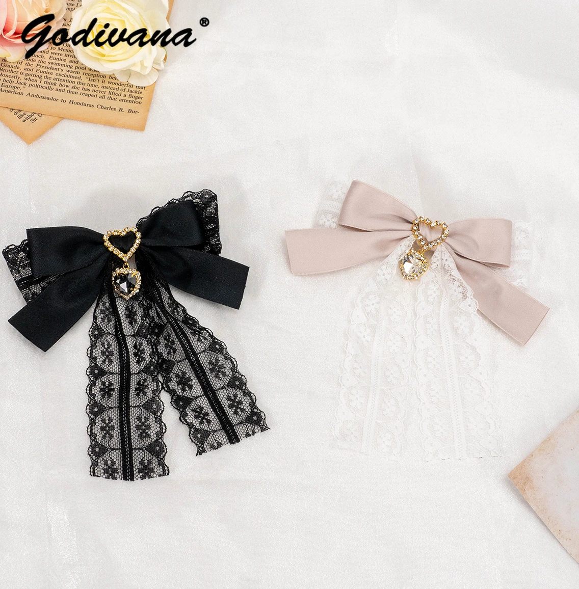 Japanese Mine Style Rojita Hair Clips Double Ponytail Lace Bow Heart Shape Rhinestone Pendant Barrettes Pair of Hairclips Girls handmade heart shape rhinestone bow mobile phone holder chain mobile phone ornament phone handbag pendant keychains