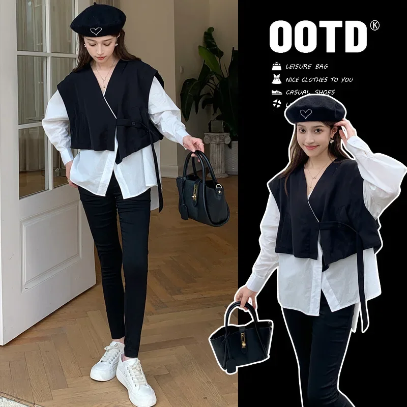 Autumn Winter Maternity Shirt Set with Pencil Pants Fake Two-Piece Design Belly Support Fashionable And Comfortable