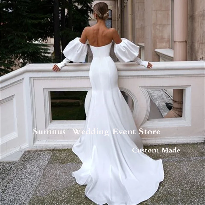 Sumnus Simple Strapless Mermaid Wedding Dress Chiffon Modern Lantern Long Sleeve Bridal Gowns Back Zipper Customize Bride Dress vintage wedding dresses