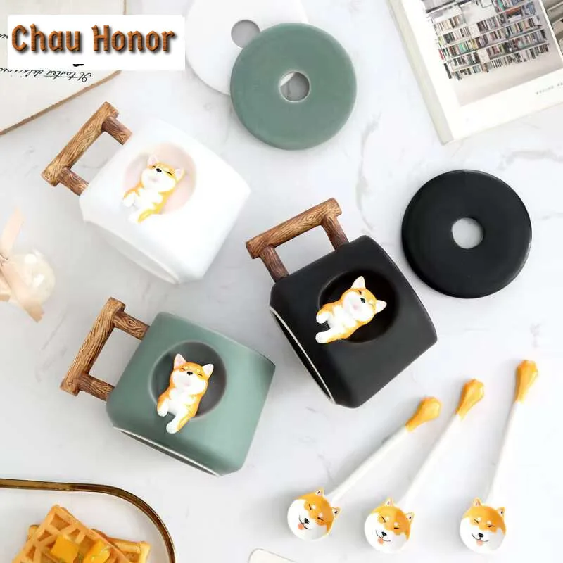 Cartoon Ceramic Mug Cute 3D Shiba Inu Pattern With Lid Spoon Girls Favorite Gift Brew Milk Tea Couple Drinking Water Coffee Cup