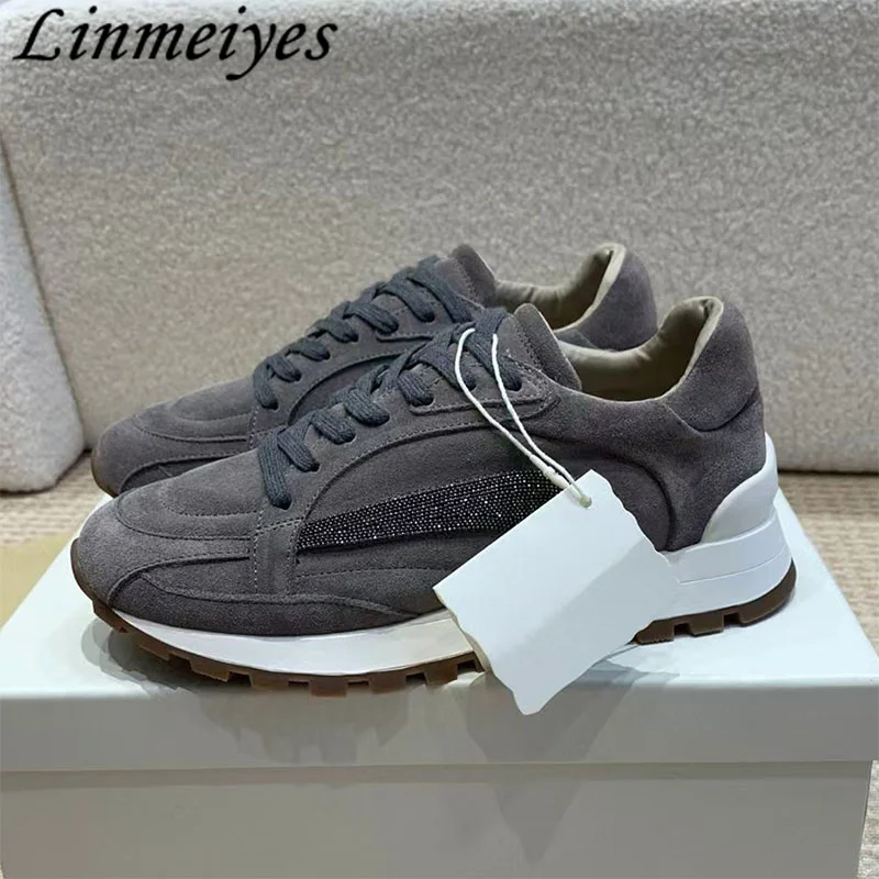 Women Casual Sneakers Round Toe Lace Up Flat String Bead Suede Leather Running Shoes Winter Wool Warm Sports