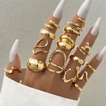 15Pcs/Set Hiphop Metal Irregular Lines Water Droplet Smooth Rings for Women Men Punk Retro Rings Set Fashion Jewelry Gift 1