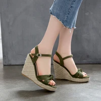 Sandales compensées d'été pour femmes 2026 – Chaussures tendance, grandes tailles 48-50, mules compensées tricotées à talons hauts 5