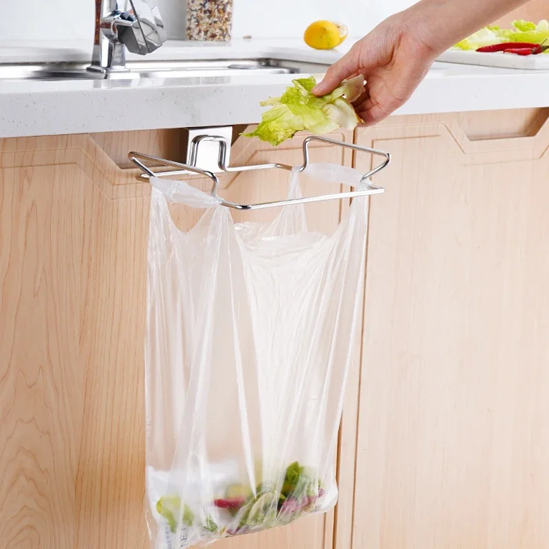 Garbage Bag Holder Kitchen Trash Rack Cabinet Door Garbage Bags Holder Stainless Steel Closet Garbage Storage Holder
