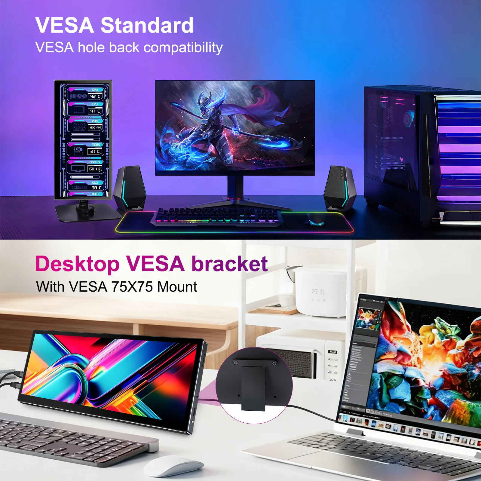 HOWENS 12.3인치 터치 스크린 모니터 게임용 1920x720 8:3 60Hz,HDMI USB-C Type-C VESA 75*75mm 노트북 PC 컴퓨터 디스플레이용