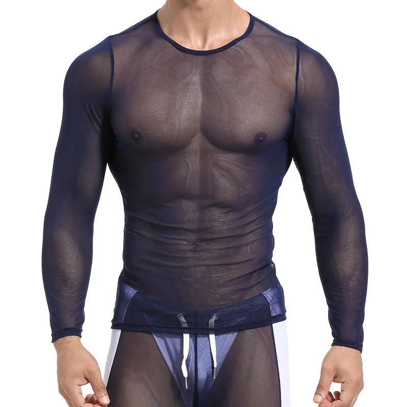 

Men Sexy Transparent Sleepwear Undershirt Gay Shirts Long Sleeve See-Through T-Shirt Male Nylon Mesh Sexy Pajamas Clubwear