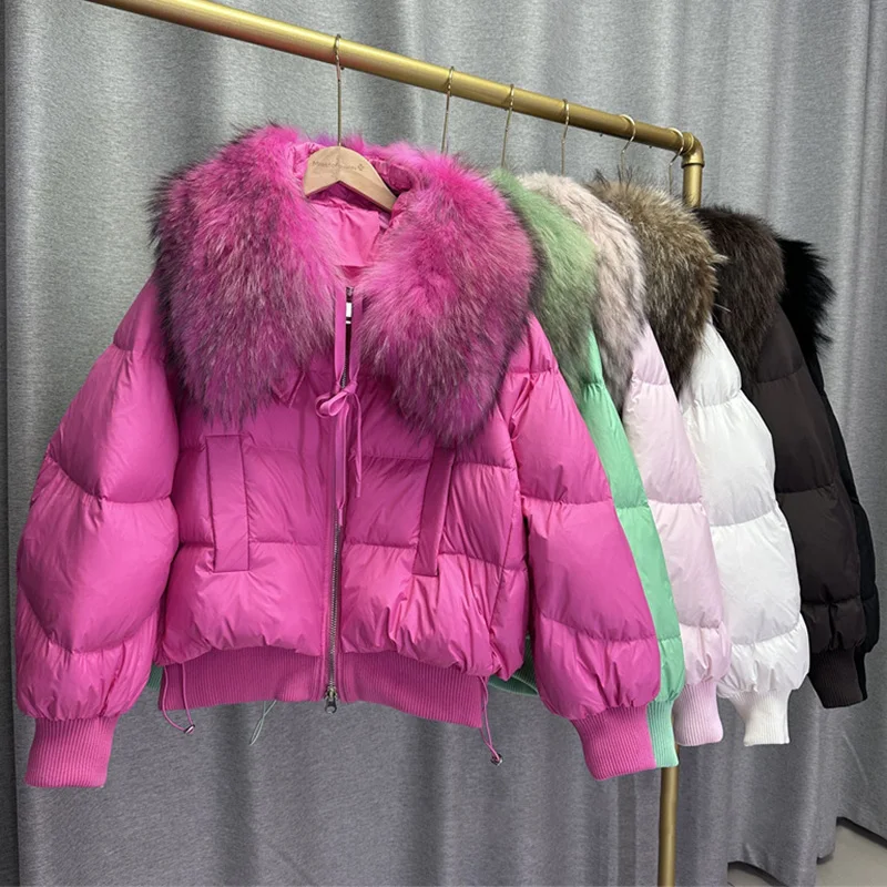 Real Fur Collar Down Padded Jacket Women's Waist Slimming Mid-length Korean Fashion Loose Coat