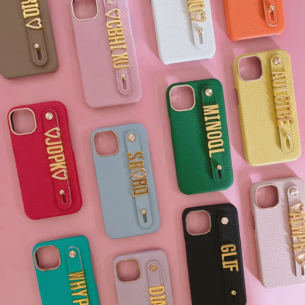 Holding Strap Personalization Custom Metal Name Leather Mobile Phone Case Cover For IPhone 14pro max 15Pro 13Pro Max 12 pro max