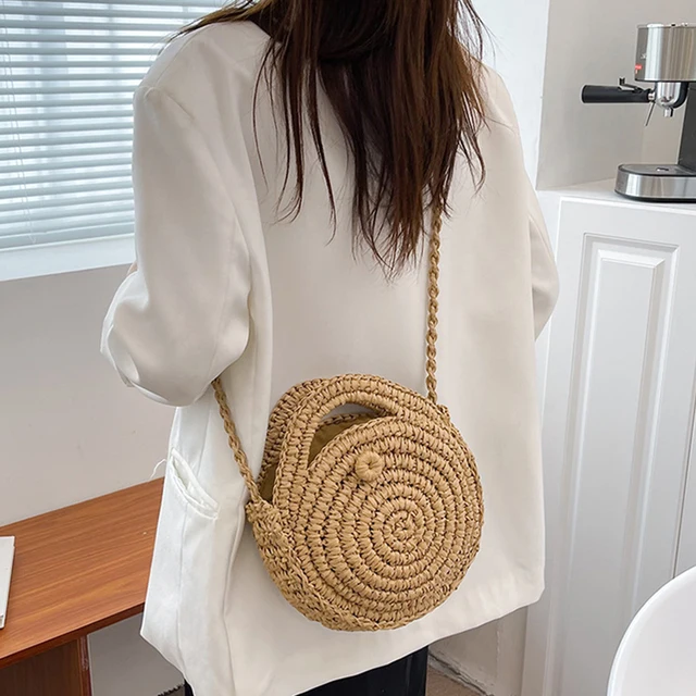 Beach Bags Round Rattan Bag Round Straw Cross Body Bag Round Straw  Crossbody Bag Handmade Woven Shoulder Bag For Women Summer Beach Bag  Bohemia Travel
