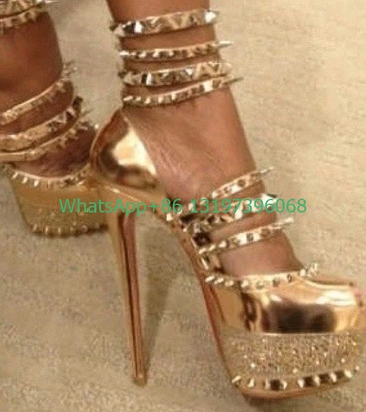 

Lady platform gold rivet stud design sandals peep toe metal stud party dance dress sexy high heels bling rhinestone demand pumps