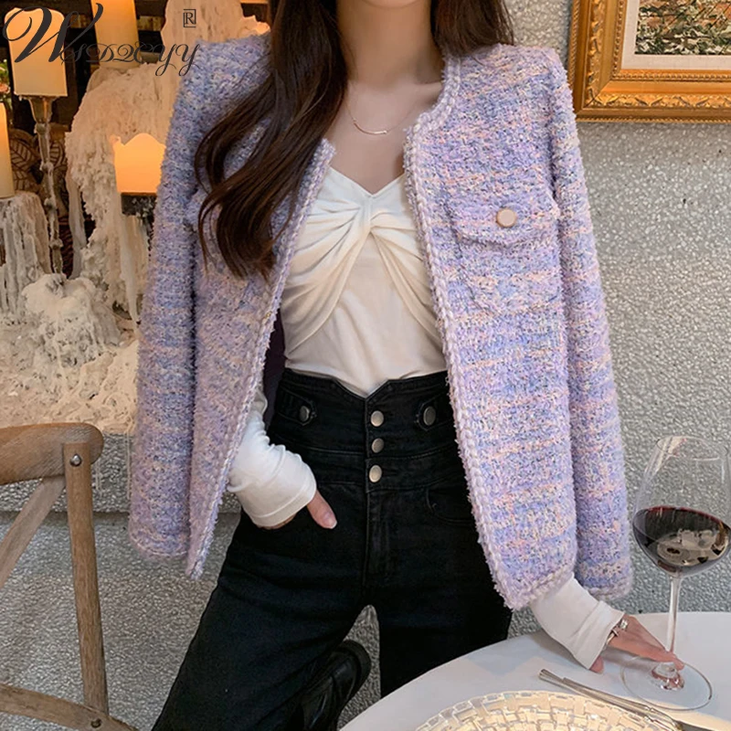 

French Women's Tweed Jacket 2022 Spring Autumn Ladies Sweet Long Sleeve Outwear Temperament Open Stitch Button Slim Korean Coat