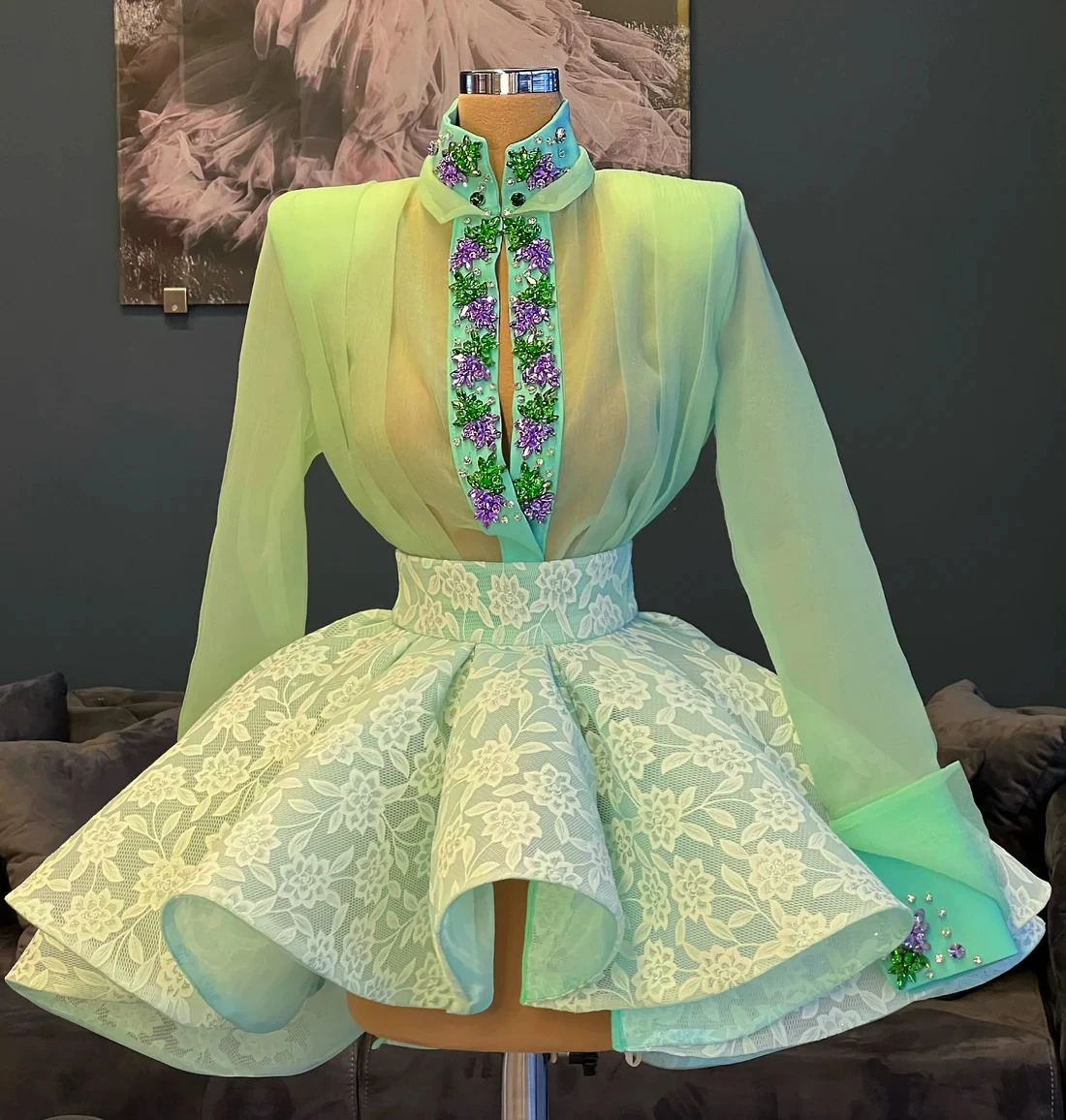 Mint Green Cocktail Dresses A-line Long Sleeves Short Mini Tulle Lace Beaded Homecoming Dresses