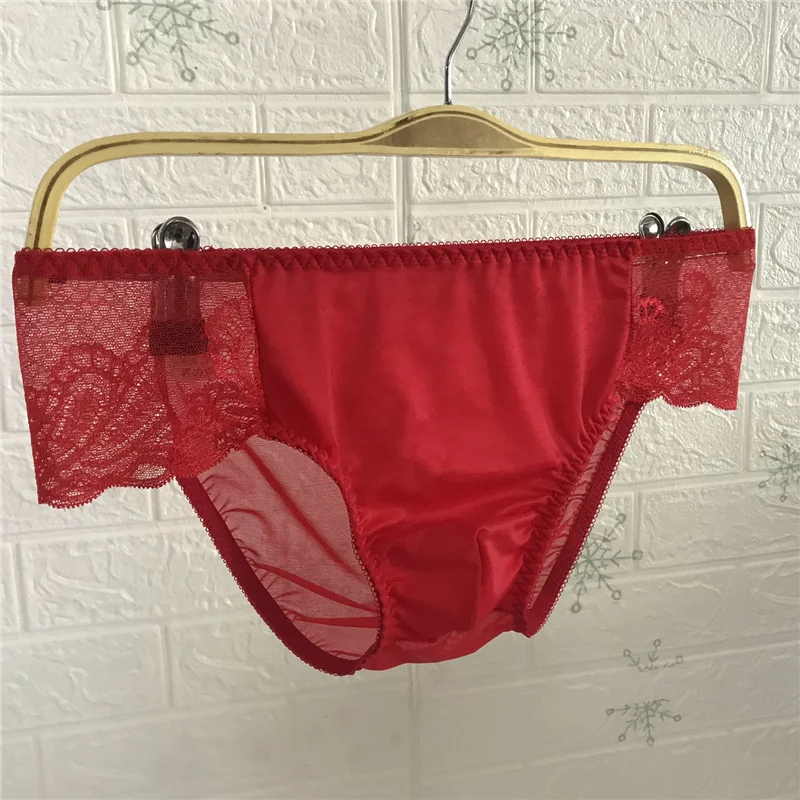 New Plus Size Mid Waist Panties for Men Gay Sexy Underwear Sexy Translucent Lace Satin Silk Briefs Big Pantie Male 6