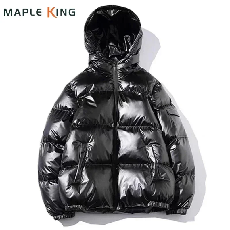 Cotton Jacket Parka Coat Unisex Winter Clothes Glossy Black Coats and Jackets Harajuku Parkas Cotton Padded Hooded