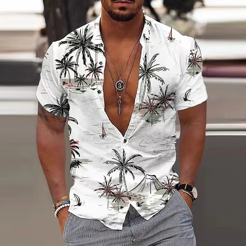 

Summer Beach Casual Shirt For Men Vintage Graphic Printing Short Sleeve Shirts Fashion Button-up Turn-down Collar Loose Cardigan