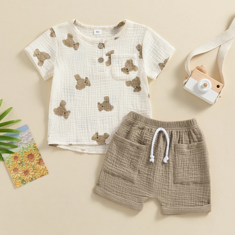

Suefunskry Toddler Boy Summer Outfit Bear Print Short Sleeve with Pocket T-shirt Tops with Solid Color Shorts 2Pcs Clothes 6M-4Y