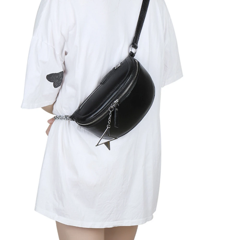 Genuine Leather Waist Bag Casual Versatile Large Capacity Chest Bag Chain Cross-body Bag
