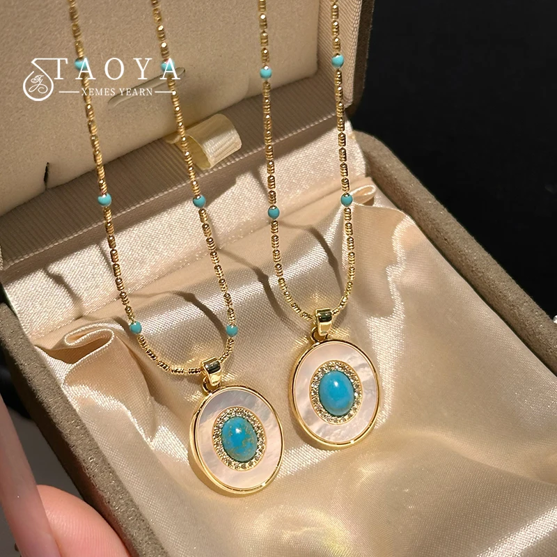 Natürliche Türkis Oval Shell Anhänger Gold Farbe Kette Halskette Sexy Schlüsselbein Kette Trendy Schmuck Zubehör Für Frauen 2023