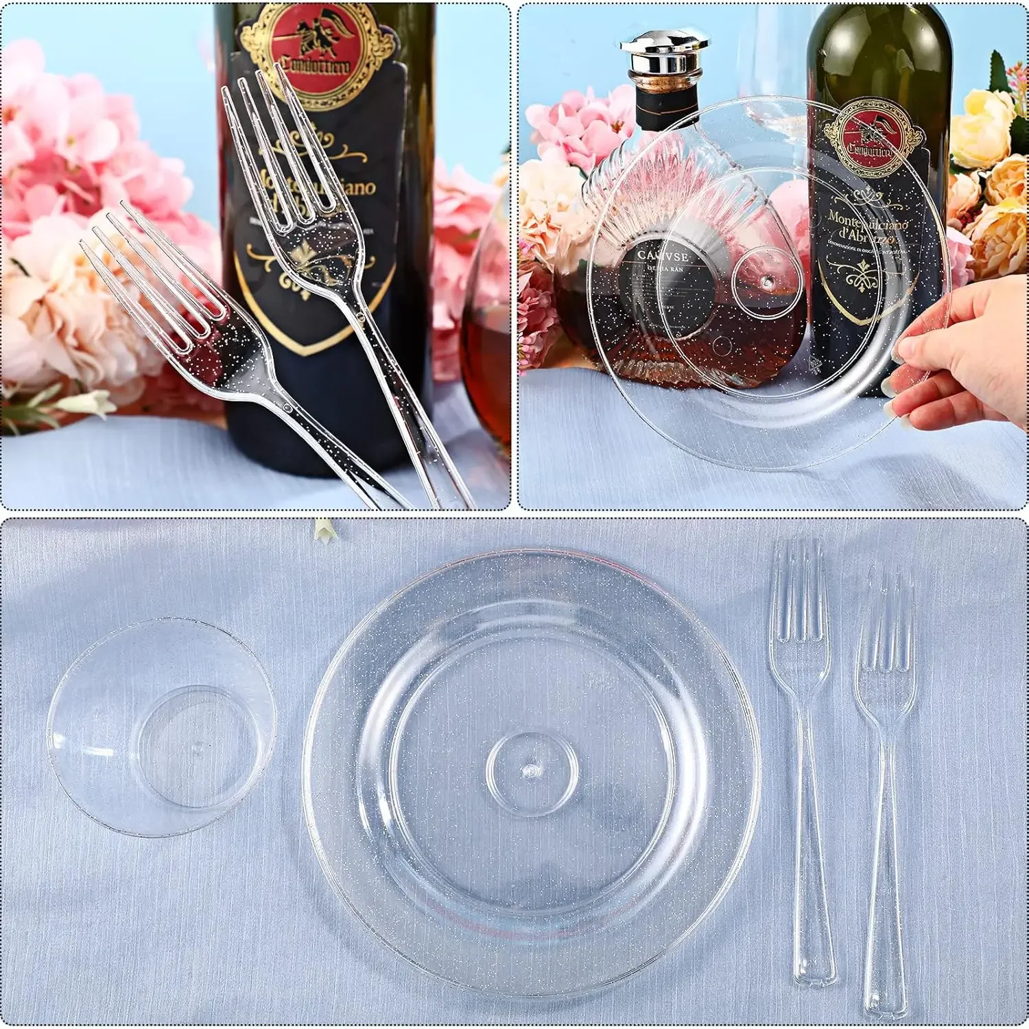 300 Pcs Plastic Dinnerware Set Disposable for Party, 100 Glitter Plastic Plates 7.5 Inch,100 Cup 9 Oz, 100 Dessert Forks