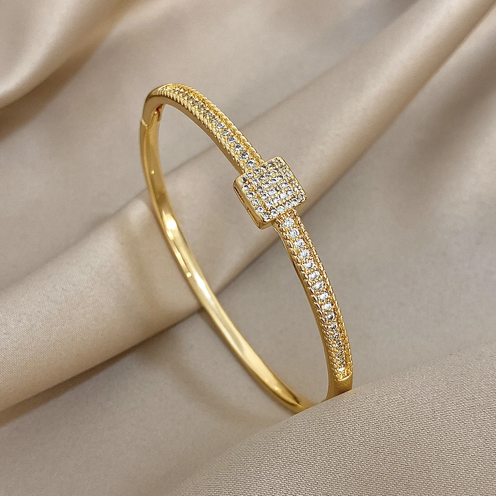 Elegant Zircon Geometric Stackable Cuff Bangle with Rhinestone Charms