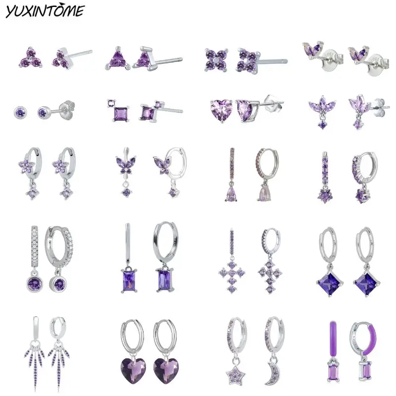 

925 Sterling Silver Ear Needle Beautiful Purple Zircon Earrings Hoop Earrings Crystal Pendant Earring Fashion Wedding Jewelry