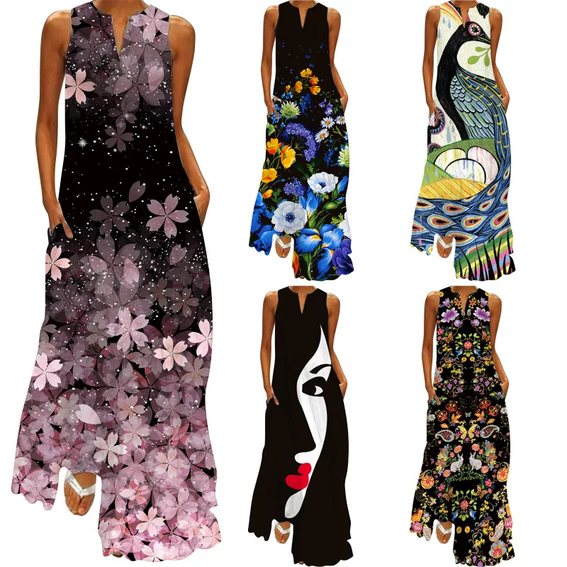 

2023 Wish Europe and America Summer New Women's Dress Printed V-neck Sleeveless Dress Long Dress