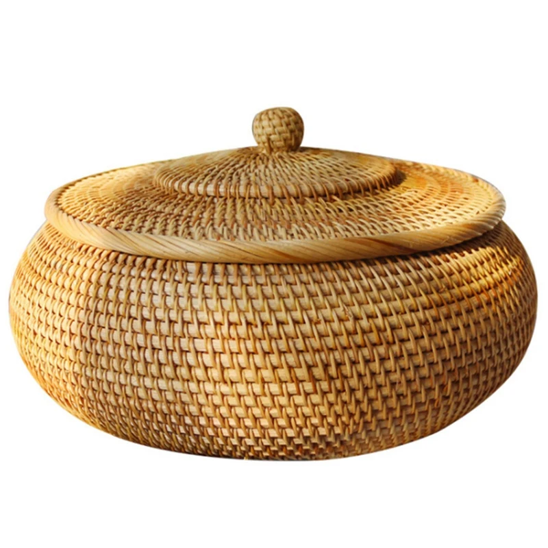 

3X Round Rattan Box,Wicker Fruit Basket With Lid Bread Basket Tray Storage Basket Willow Woven Basket For Bread, Snack