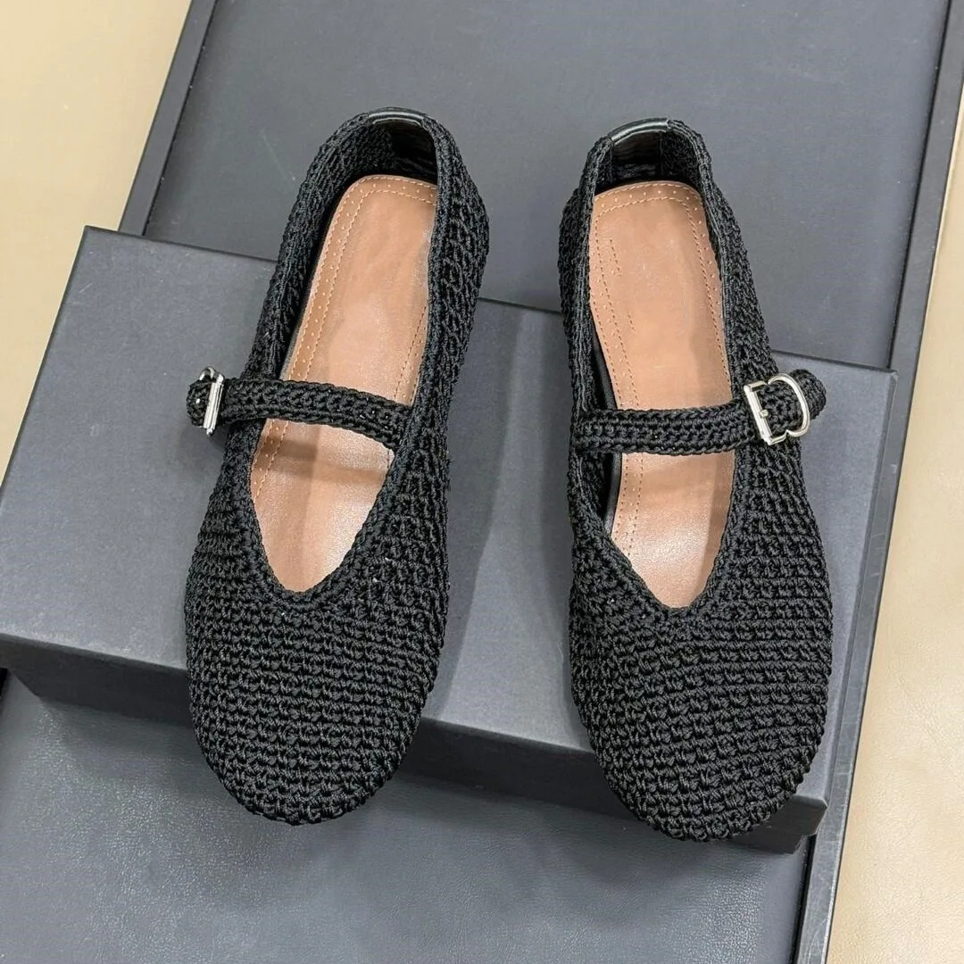 Knitted Hollow Out Flats Mary Janes Shoes Women Spring Summer Breathable Elegant Ballet Shoes Ladies buckle strap Loafers 2025